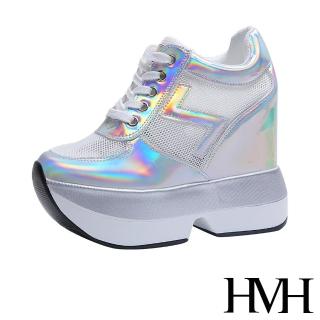 【HMH】時尚Z字透氣網布拼接鬆糕厚底內增高休閒鞋(銀)