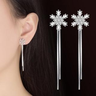 【I.Dear Jewelry】正白K-雪花飄落-韓國氣質雪花鑲鑽垂墜耳針耳環(韓劇/開運/愛情)