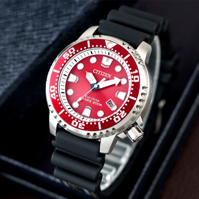 【CITIZEN 星辰】PROMASTER 紅水鬼 潛水光動能橡膠腕錶/黑x紅框(BN0159-15X)
