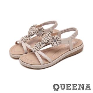 【QUEENA】縷空交叉T字立體水鑽花朵造型平底羅馬涼鞋(米)