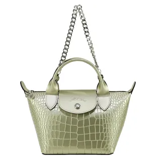 【LONGCHAMP】LE MINI PLIAGE CUIR系列鱷魚紋牛皮鍊帶短把兩用水餃包(迷你/金)