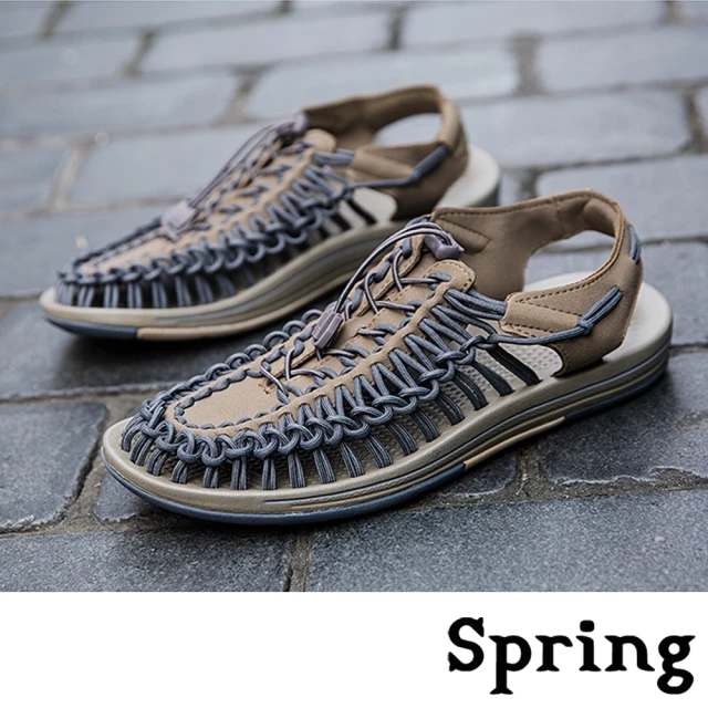 【SPRING】時尚縷空復古彈力繩編織造型休閒涼鞋-男鞋(灰)