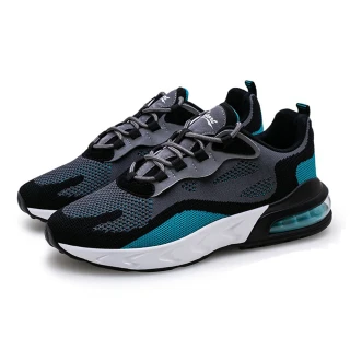 【SPRING】時尚撞色飛織反光飾條彈力氣墊個性運動鞋-男鞋(灰藍)