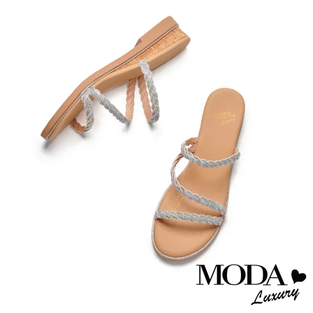 【MODA Luxury】異國度假風金蔥麻花繫帶楔型拖鞋(銀)