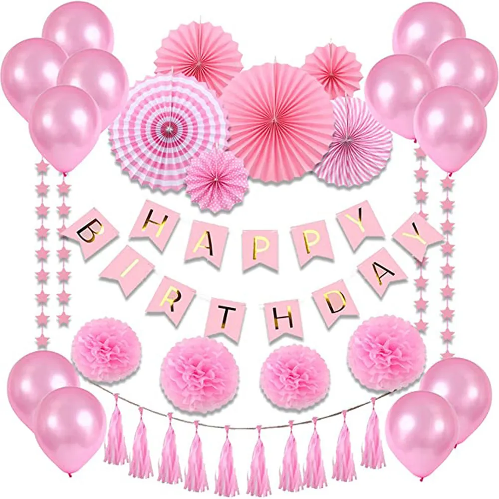【WIDE VIEW】粉色生日佈置紙花扇氣球套組(附打氣筒 生日氣球 生日佈置 生日派對 派對氣球/BL-08)