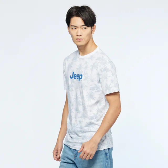 【JEEP】男裝 滿版棕梠葉圖騰純棉短袖T恤(白)