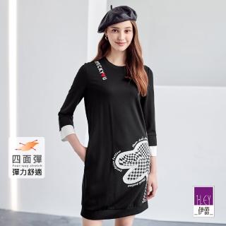 【ILEY 伊蕾】摩登棋盤黑白童趣印花縲縈彈性洋裝(黑色；M-XL；1224367006)