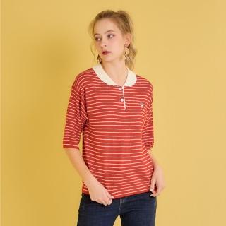 【YUTZUYA 優姿雅】刺繡小驢條紋POLO翻領針織衫/上衣(五分袖/高彈力/輕暖薄毛衣)