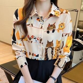 【米蘭精品】現貨+預購 襯衫長袖上衣(雪紡貓咪印花翻領女上衣74gj21)