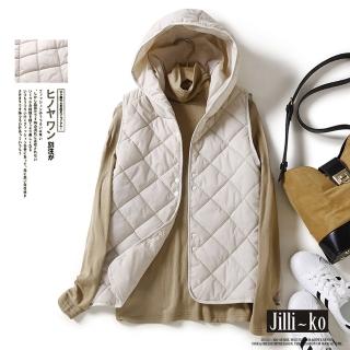 【JILLI-KO】氣質菱格寬鬆無袖輕薄保暖連帽羽絨棉服-F(黑/白/咖)