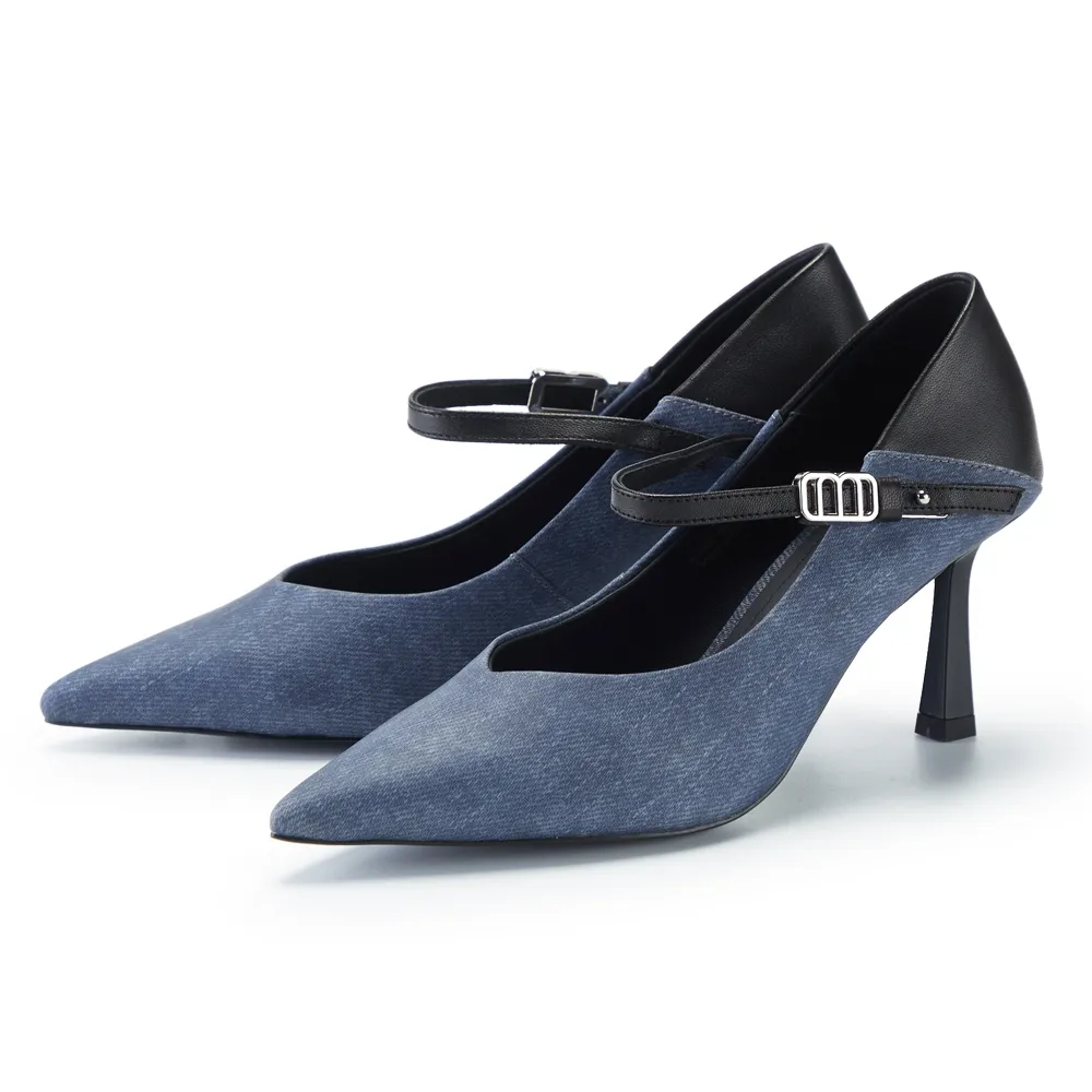 【TAS】異材質拼接尖頭瑪莉珍高跟鞋(藍色)