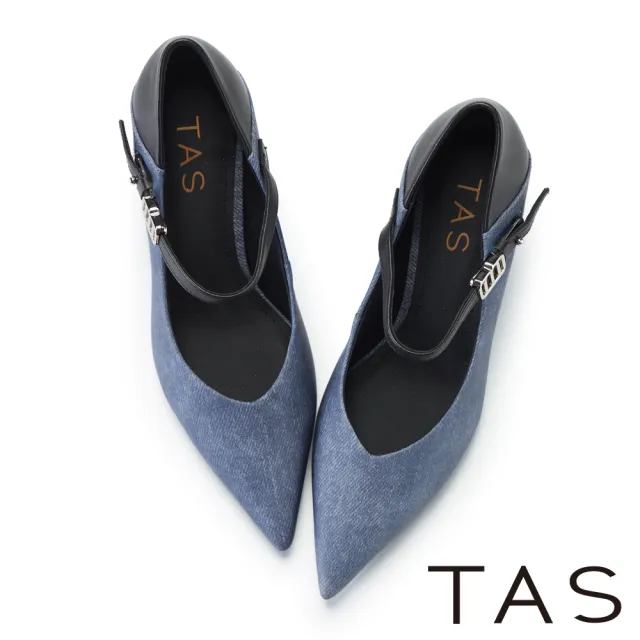 【TAS】異材質拼接尖頭瑪莉珍高跟鞋(藍色)