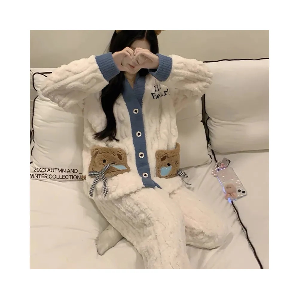 【Annita】可愛小熊 法蘭絨珊瑚絨兩件式居家服女睡衣(兩件式套裝/連身睡衣/保暖居家服/長袖/女睡衣)