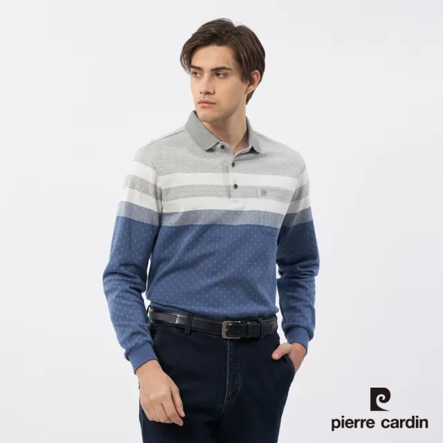 【pierre cardin 皮爾卡登】休閒服飾 男款 仿棉雙面緹花格子長袖polo衫-灰色(5235201-95)