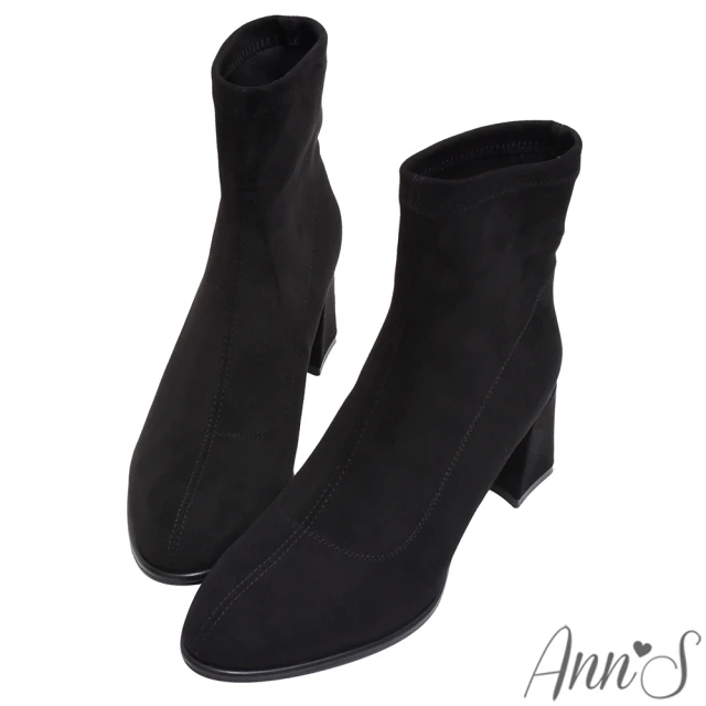 Ann’SAnn’S 真絲彈力絨~直腿濾鏡貼腿極修飾粗跟短靴6cm-版型偏小(黑)
