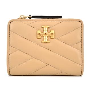 【TORY BURCH】KIRA 金字LOGO羊皮斜紋拉鍊零錢短夾(奶茶)