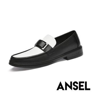 【ANSEL】真皮樂福鞋 一字樂福鞋/真皮復古撞色滾邊一字帶造型休閒樂福鞋-男鞋(黑)