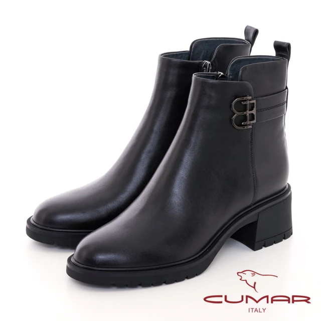 CUMARCUMAR 精品質感前短後長顯瘦粗跟短靴(黑色)