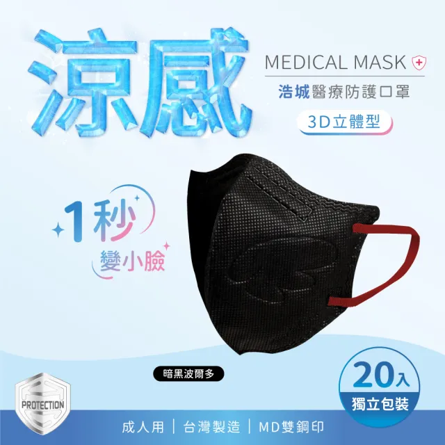 【HC浩城-3D涼感口罩-20片/盒-單片包裝】跳色多搭款 KN95 透氣&舒適(1秒變小臉 台灣製造 醫療級)