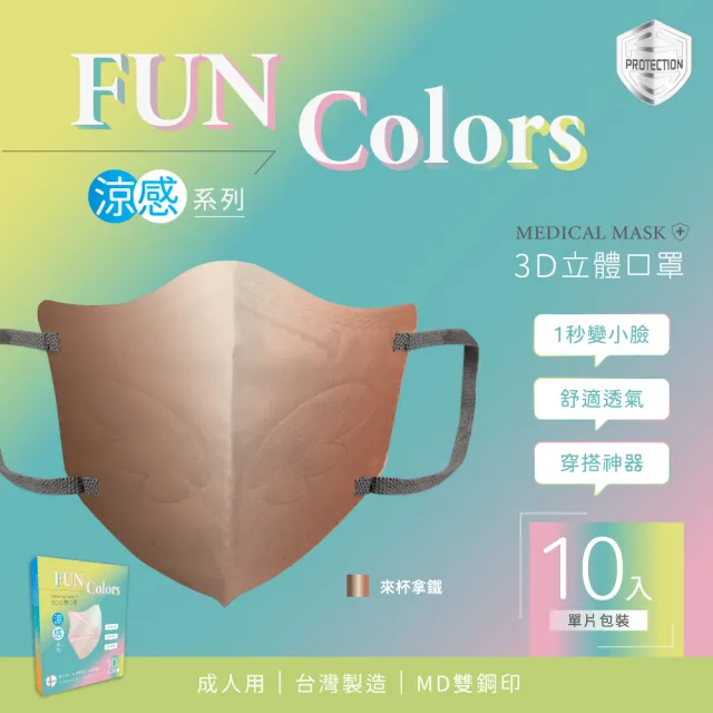 【HC浩城-Fun Colors-漸層款 10片/盒-單片包裝】3D涼感口罩 KN95(1秒變小臉 台灣製造 醫療級)