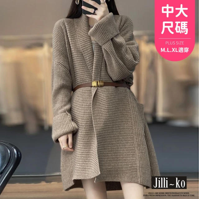 JILLI-KO 慵懶風針織外套女中長款外搭風衣寬鬆中大尺碼-F(咖/卡)