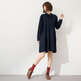 【慢。生活】森林系繫帶領點點開扣蛋糕層寬版A字連衣裙-F(深藍)