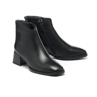 【MISS 21】簡約時髦不對稱牛皮方頭粗高跟短靴(黑)