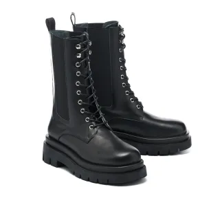 【MISS 21】率性復古少女牛皮切爾西綁帶厚底中筒靴(黑)