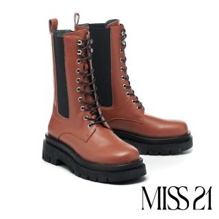 【MISS 21】率性復古少女牛皮切爾西綁帶厚底中筒靴(棕)