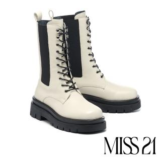【MISS 21】率性復古少女牛皮切爾西綁帶厚底中筒靴(米白)