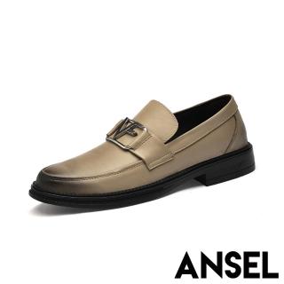 【ANSEL】真皮樂福鞋 一字樂福鞋/真皮時尚復古設計金屬釦飾一字帶造型皮鞋 樂福鞋-男鞋(卡其)