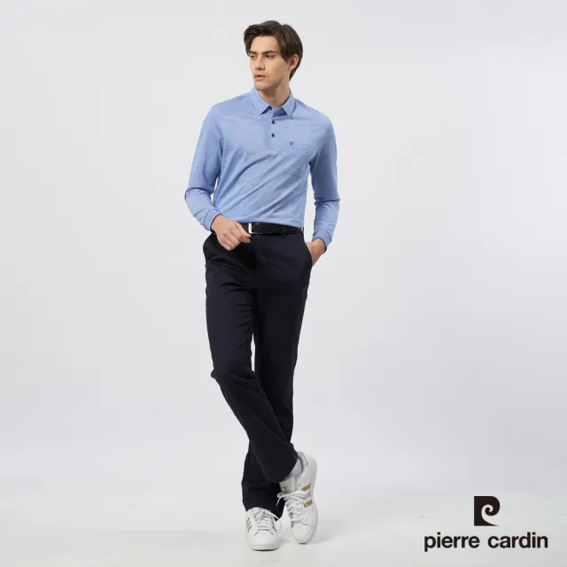 【pierre cardin 皮爾卡登】休閒服飾 男款 葉片印花長袖POLO衫-淺藍色(5235290-35)