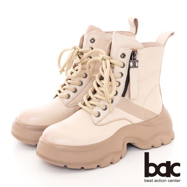 【bac】皮革綁帶造型厚底休閒短靴(米色)