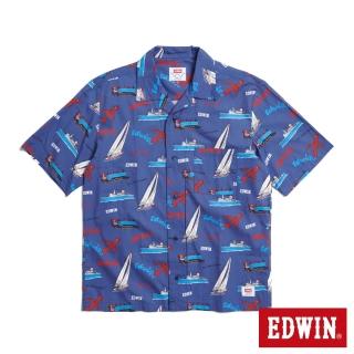 【EDWIN】男裝 插畫花布古巴短袖襯衫(藍色)