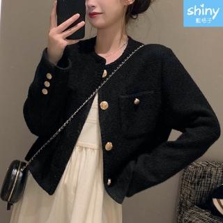 【Shiny 藍格子】氣質短款金釦編織滾邊毛呢夾克外套 V3725 現+預(女裝)