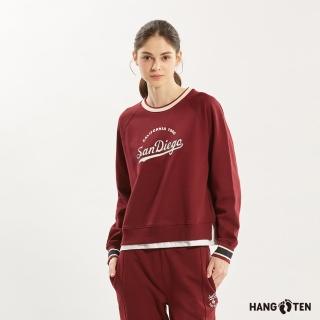 【Hang Ten】女裝-雙面布保暖可樂字復古印花休閑大學T(深紅)