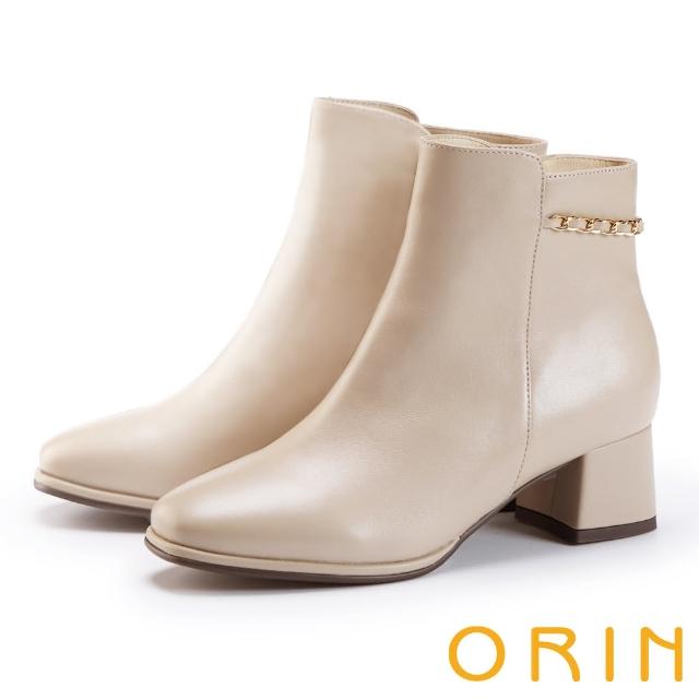 【ORIN】羊皮金鍊中粗跟短靴(杏色)