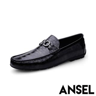 【ANSEL】真皮樂福鞋 牛皮樂福鞋/真皮頭層牛皮時尚壓格馬銜釦飾休閒樂福鞋-男鞋(黑)