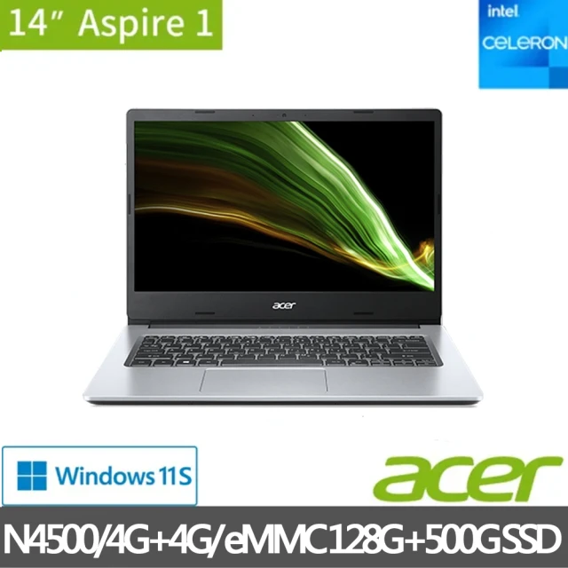 ACER 宏碁Acer 宏碁 14吋輕薄特仕筆電(Aspire1 A114-33-C53V/N4500/4G+4G/128G eMMC+500G SSD/W11s)