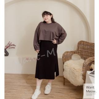 【Want-Meow】90公斤可穿/臺灣製/百搭束口短版寬袖圓領素面大學T(短版上衣/長袖上衣/大碼/大尺碼/加大碼)