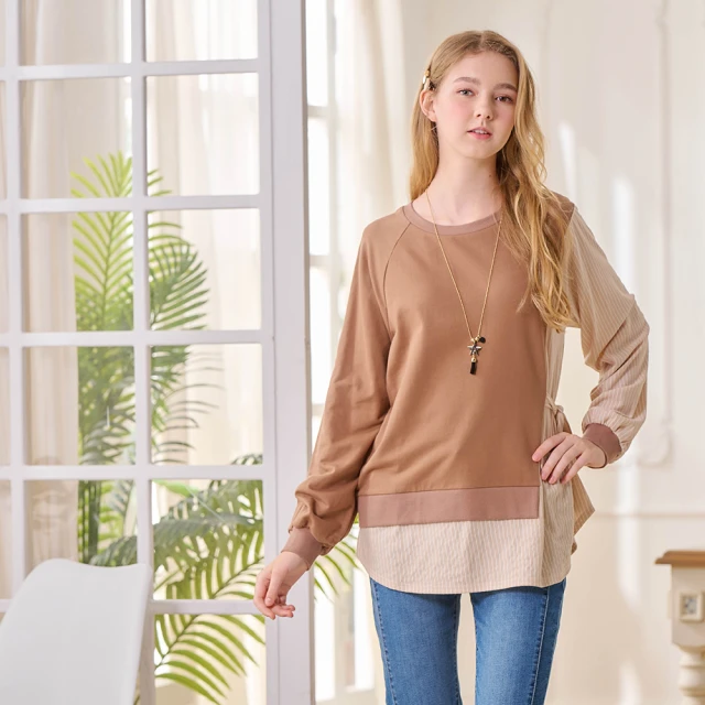 CUMARCUMAR 圓領異素材拼接假兩件長袖上衣(藍 深藍 咖/魅力商品)