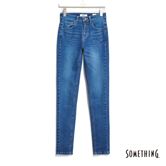 【SOMETHING】女裝 高腰SKINNY窄管直筒牛仔褲(中古藍)