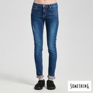 【SOMETHING】女裝 蜜桃中腰緊身窄管直筒牛仔褲(中古藍)