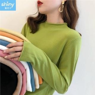 【Shiny 藍格子】多色系卷邊針織薄款長袖上衣 V3275 現+預(女裝)