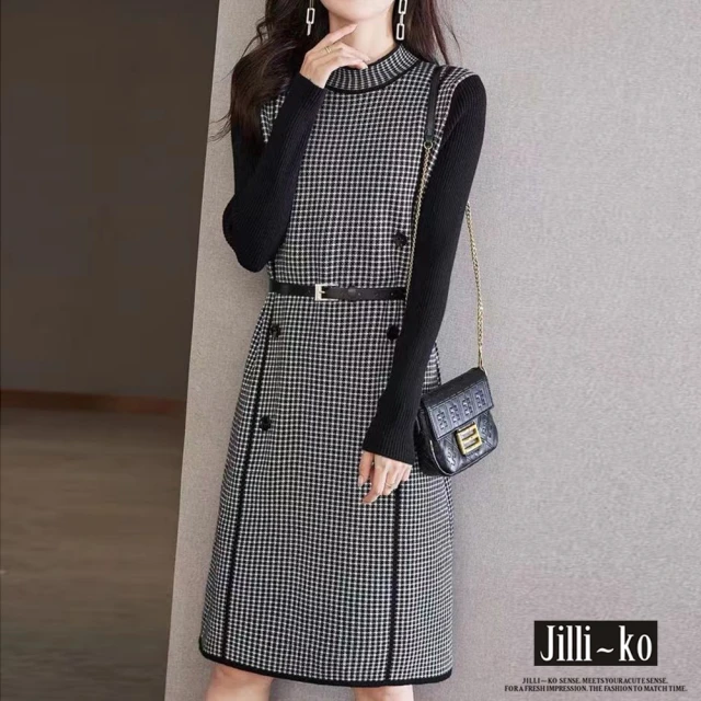 【JILLI-KO】長袖針織連衣裙女高級感氣質千鳥格中長款-F(黑)