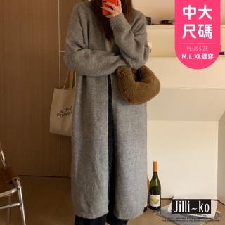 【JILLI-KO】長袖針織開衫女慵懶風寬鬆中長款過膝毛衣外套中大尺碼-F(灰/卡)