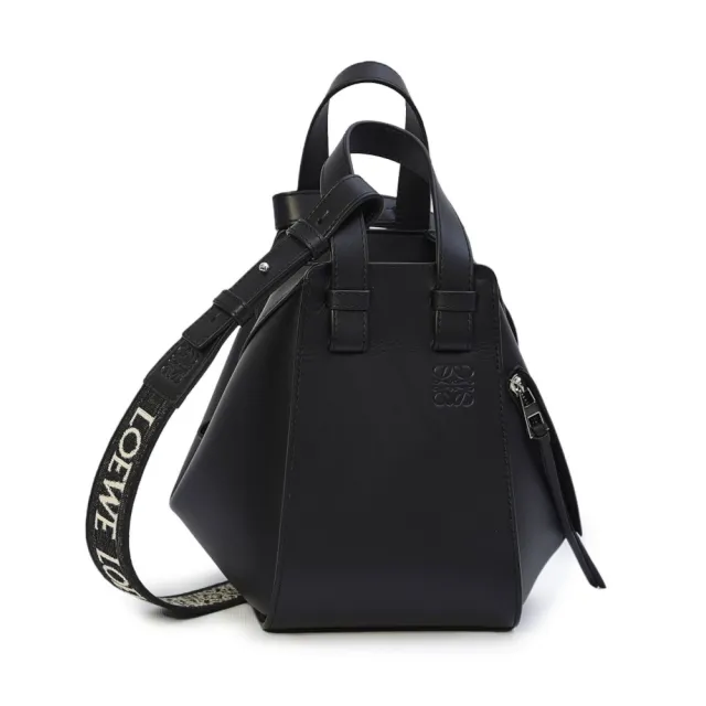 【LOEWE 羅威】Compact Hammock 小型 緹花背帶 緞面小牛皮 吊床包 肩背包 手提包 黑色『entrupy安心購』