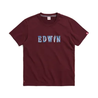 【EDWIN】男裝 羽毛紋牛仔貼布LOGO短袖T恤(朱紅色)