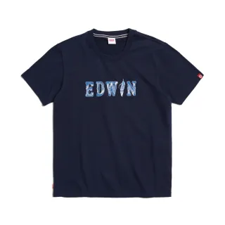 【EDWIN】男裝 羽毛紋牛仔貼布LOGO短袖T恤(丈青色)