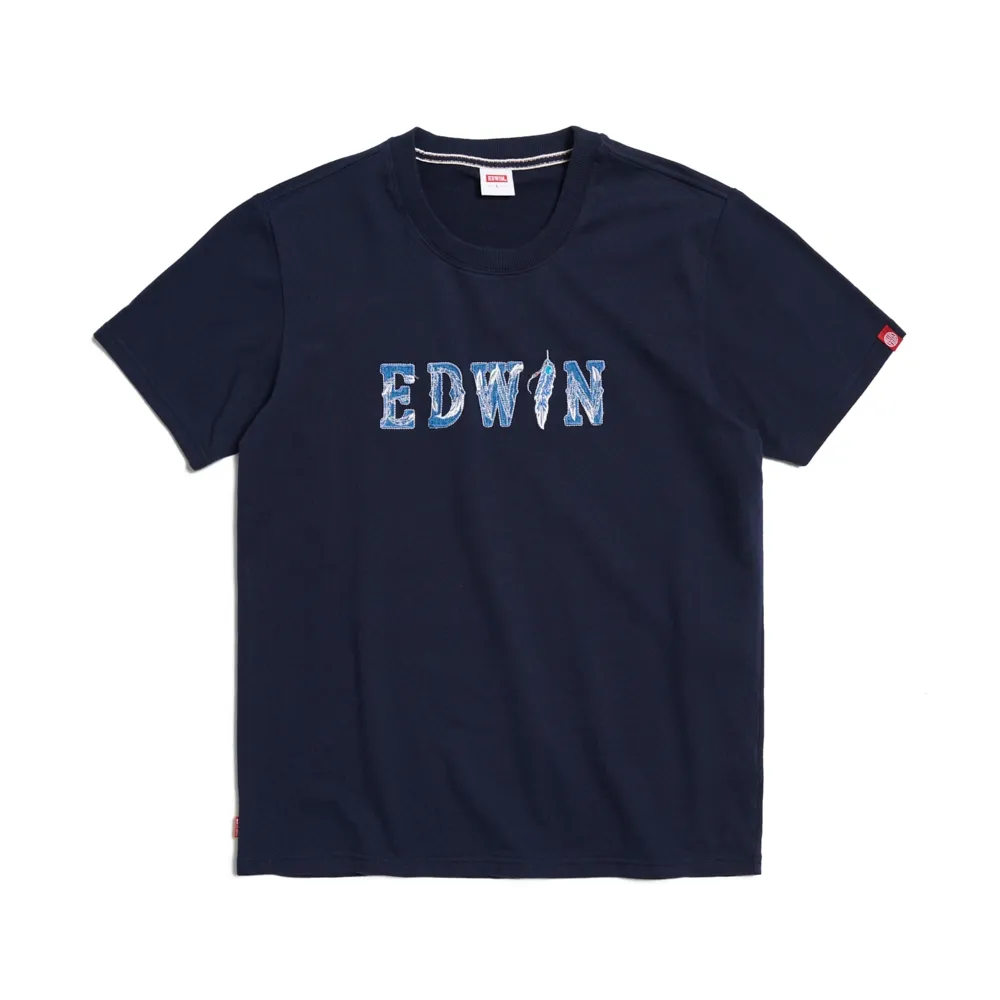 【EDWIN】男裝 羽毛紋牛仔貼布LOGO短袖T恤(丈青色)